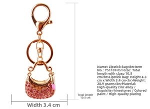 Detailed product view of a pink rhinestone handbag keychain with size annotations