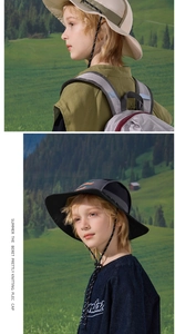 Close-up of kids waterproof sun hat with wide brim, side vents and adjustable chin strap