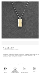 Close-up of geometric two-tone brushed titanium steel rectangular pendant with metal chain