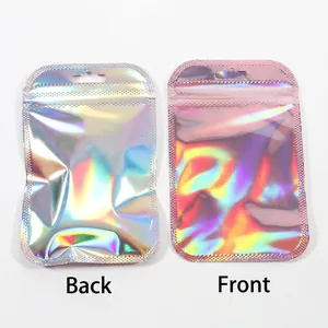 Rainbow holographic resealable packaging bags for earrings with hanging hole and zip lock