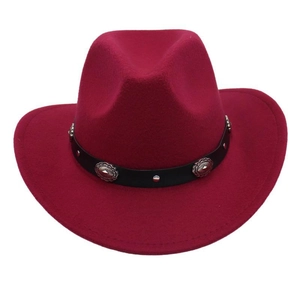 Detail of burgundy wool fedora hat featuring black leather band and silver metal rivets