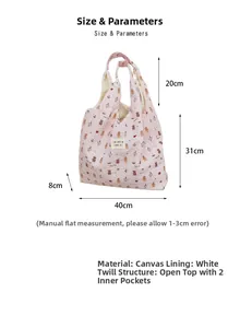 Detailed size chart for pink canvas tote bag with bear print showing 40x31x8cm dimensions
