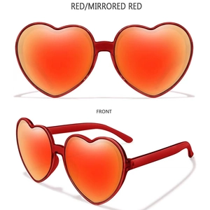 Detail showing the red mirrored lenses and heart-shaped frames of these trendy sunglasses
