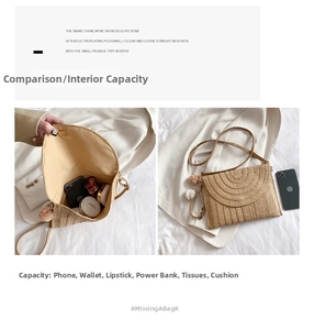 Detail of straw woven envelope bag showing interior capacity for phone and cosmetics