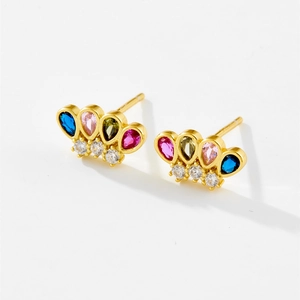 Elegant S925 sterling silver crown stud earrings with colorful zircon gemstones for women