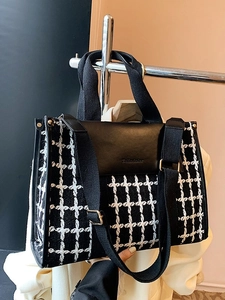 Retro Houndstooth Tote Bag Large Capacity Woven Fabric PU Leather Splice Shoulder Crossbody Handbag For Women Fashion