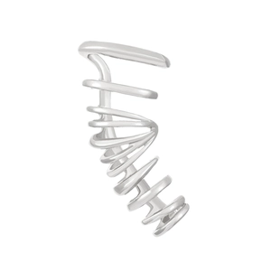 Close-up of minimalist silver spiral ear cuff with polished multi-layer wrap design