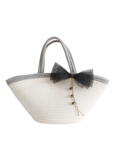 Minimalist cotton rope woven tote bag with grey trim and black mesh bow accessory