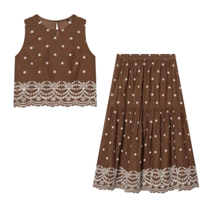 Damen Ärmelloses Oberteil Und Langer Rock Braun Baumwollmischung Stickerei Hohl Spitze Boho Retro Stil