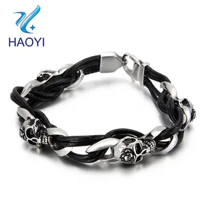 Geflochtenes Lederarmband Für Herren Mit Edelstahl Totenkopf Punk Gothic Retro Rock Schmuck Flechtarmband