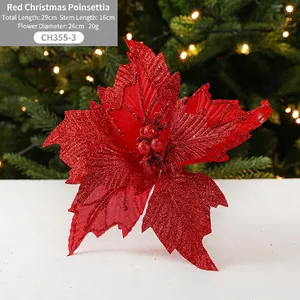 Sparkling red artificial velvet Poinsettia Christmas flower decor, 26cm diameter