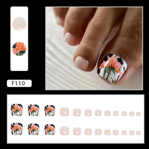 Floral press-on toenails with glitter and pink flower patterns, model F110 pedicure set