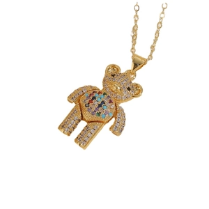 Charming 14K gold plated bear pendant necklace with multi-color zircon inlay on white base