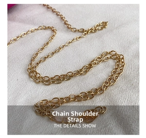 Detail shot of the polished light gold metal chain strap on a woven background