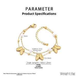 Detailed spec view of double-layer stainless steel butterfly and pearl bracelet with dimensions