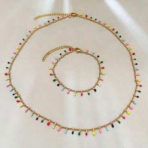 Stainless Steel Necklace And Bracelet Colorful Enamel Teardrop Pendants Bohemian Gold Plated Adjustable Jewelry For Women