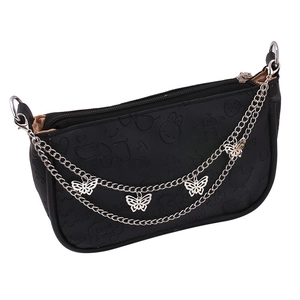Black faux leather underarm bag featuring butterfly metal chains and embossed patterns