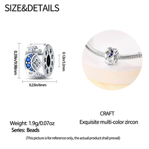 Macro detail of silver star moon charm with blue zircon and dimensions for jewelry making