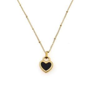 Elegant 18K gold plated titanium steel necklace with a black heart-shaped shell pendant