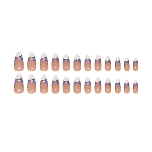French tip press-on nails set with blue floral iris design on almond shape base