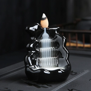 Creative black ceramic backflow incense burner with waterfall smoke effect for home decor