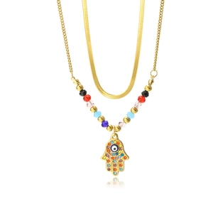 Double-layer gold stainless steel necklace with Hamsa hand and evil eye pendant