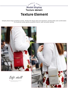 Detailed view of red and grey PU leather phone crossbody bags with metal bar decor