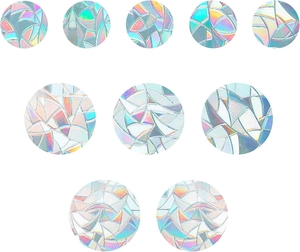 Detailed macro view of 10 rainbow prism window stickers with holographic geometric patterns