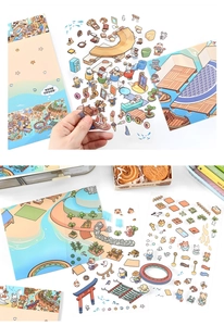 Detailed view of DIY 2.5D landscape stickers and background cards for creative journals