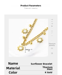 Detailed close-up of a titanium steel sunflower bracelet in K-gold finish on marble background