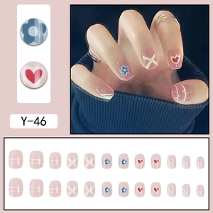 Cute Y-46 pink press-on nails with blue flowers and red hearts, 24pcs set for women