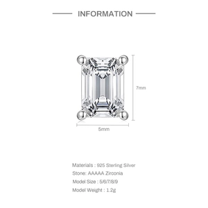 Detail view of 5x7mm emerald cut cubic zirconia earrings with 925 sterling silver dimensions