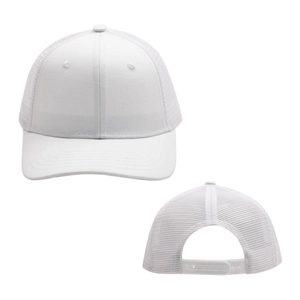 Detail of white mesh trucker cap featuring breathable back and adjustable plastic snap closure