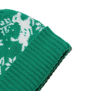 Close-up of green and white knit beanie featuring reindeer patterns and ribbed texture