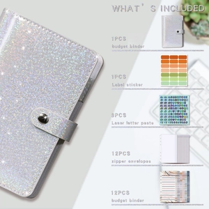 Silver glitter A6 budget binder set with zipper envelopes and colorful stickers