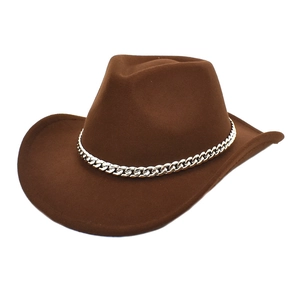 Dark brown wool felt western cowboy hat featuring a silver chain band for a modern jazz style