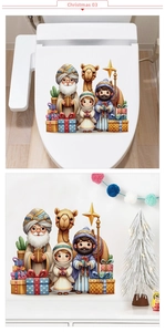Waterproof Christmas cartoon nativity stickers applied on toilet lid and wall surfaces