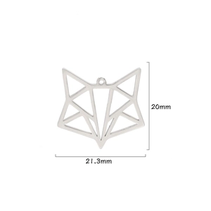 Close-up of silver geometric fox pendant with 20mm by 21.3mm dimensions on white background