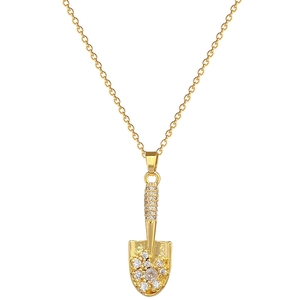 Elegant gold-plated shovel pendant necklace with sparkling cubic zirconia on a white background