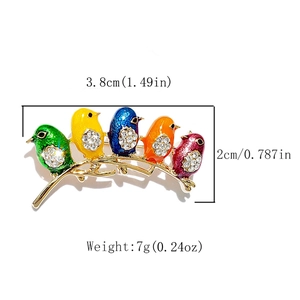 Detail showing dimensions of a 3.8cm colorful five-bird brooch with rhinestones