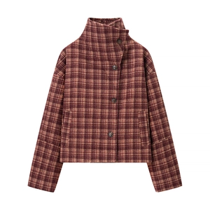 Women Plaid Woolen Coat Loose Single Breasted Stand Collar Long Jacket Winter Casual Outwear Brown Red