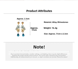 Detailed view of floral rhinestone earrings with blue drop pendants and size specifications