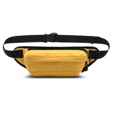 Close-up of a yellow waterproof oxford waist bag with adjustable strap and plastic buckle