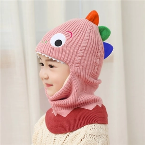 Pink knit dinosaur hooded scarf for kids featuring colorful back fins and ear protection