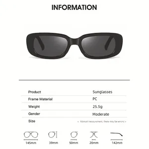 Retro square sunglasses for women with black PC frame and detailed size information