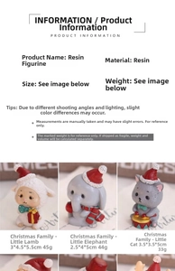 Detailed size specifications for Christmas resin ornaments sheep, elephant and cat
