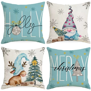Housses De Coussin De Noël En Lin Motif Renne Gnome Sapin Bleu Décoration Festive De Canapé Pour La Maison