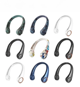 Showcase of nine colorful portable bladeless neck fans with various custom patterns