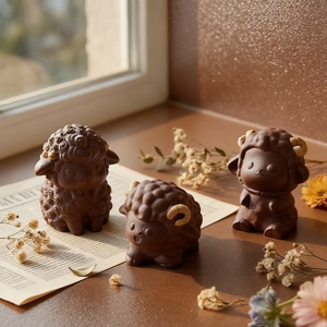 Detailed view of three cute sheep figurines with matte finish on a sunny windowsill