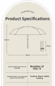 Schéma détaillé présentant les dimensions et les matériaux du parapluie pliable à 5